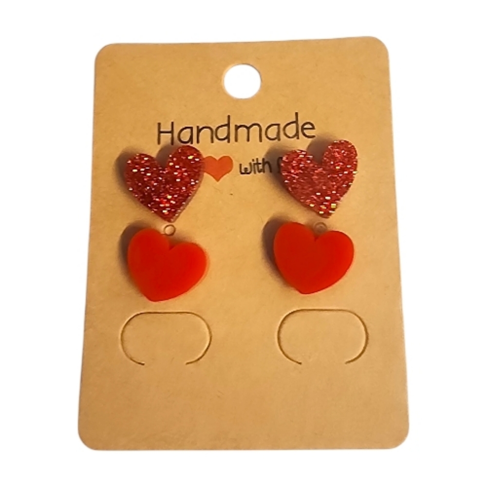 Classic Red Sparkle Heart Acrylic Stud Earrings - 2 Pair